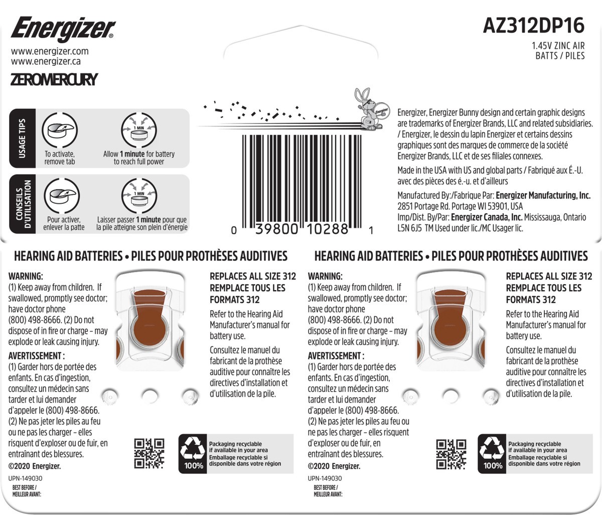 slide 3 of 3, Energizer Hearing Aid Batteries Size 312, Brown Tab, 16 Pack, 16 ct