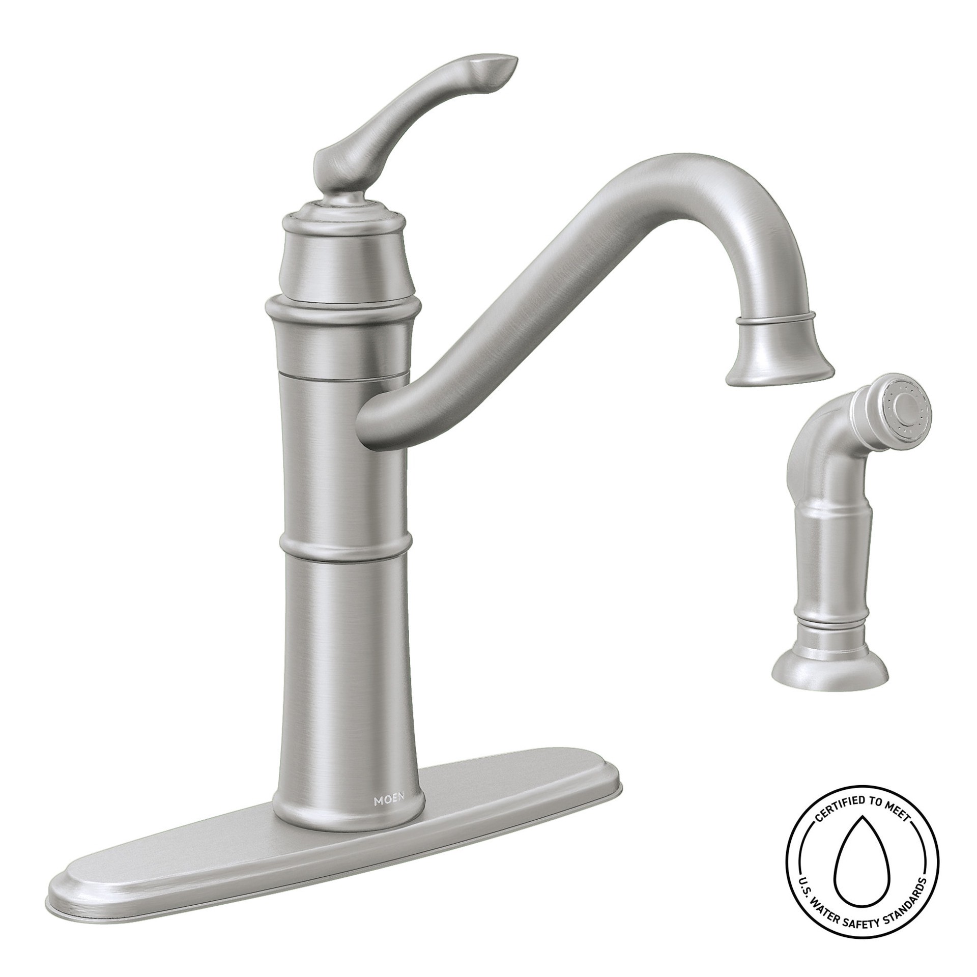 slide 3 of 6, Moen Wetherly Spot Resist Stainless Single Handle Deck-mount Kitchen Faucet with Sprayer ( Deck Plate Included ) ( Side Sprayer Included ), 1 ct