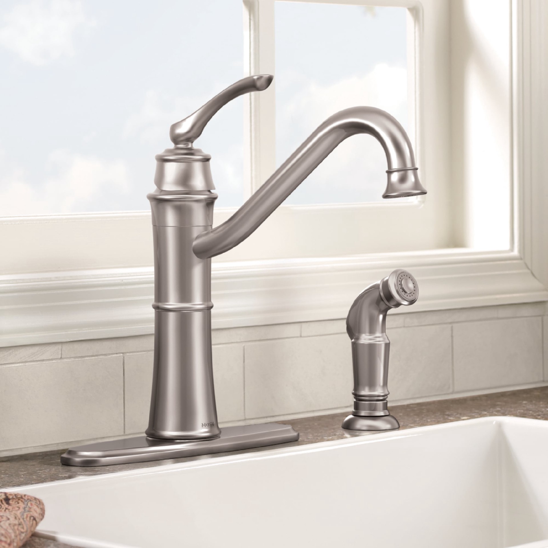 slide 1 of 6, Moen Wetherly Spot Resist Stainless Single Handle Deck-mount Kitchen Faucet with Sprayer ( Deck Plate Included ) ( Side Sprayer Included ), 1 ct