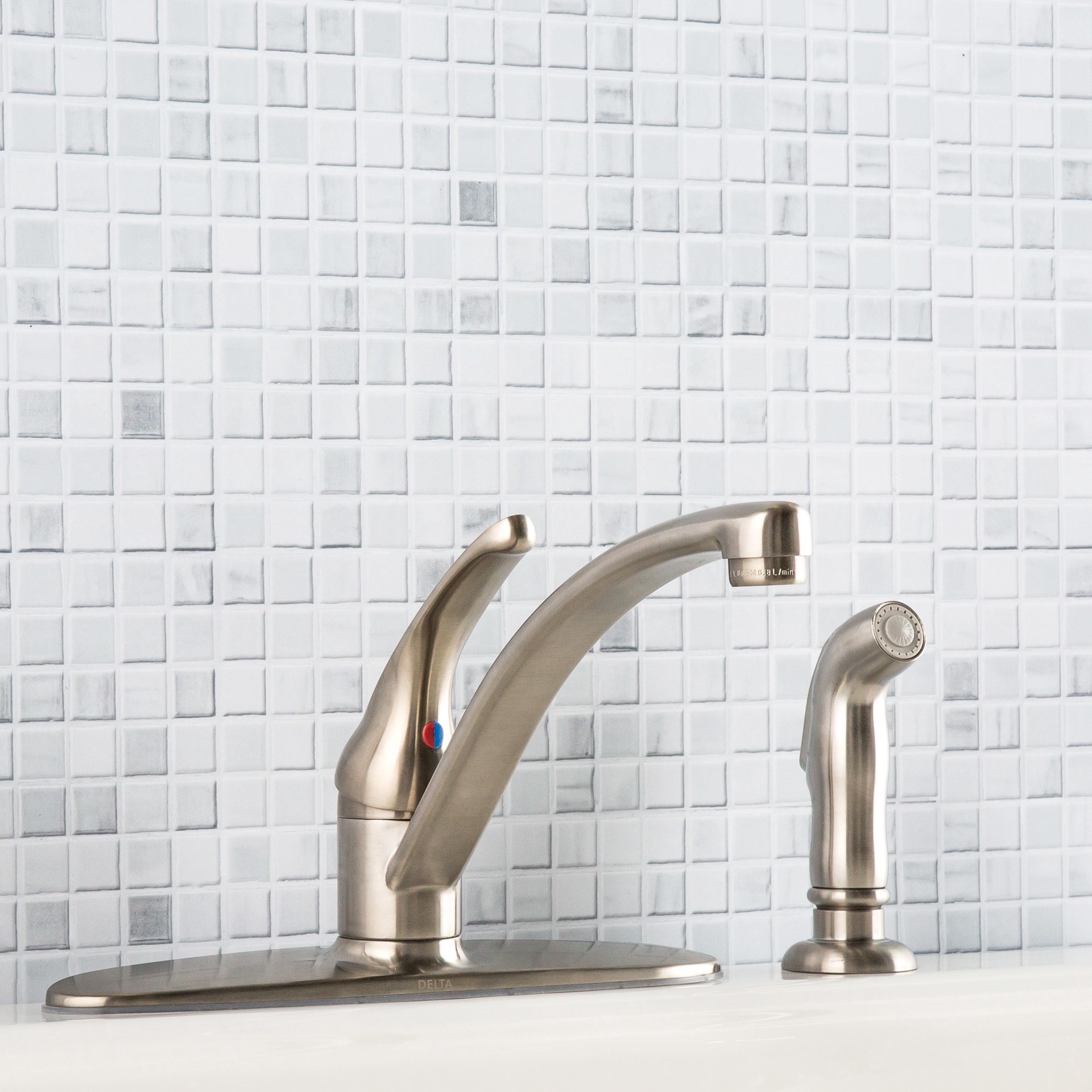 slide 3 of 6, Delta Foundations Stainless Steel Single Handle Deck-mount Kitchen Faucet (Includes Deck Plate) (Includes Side Sprayer), 1 ct