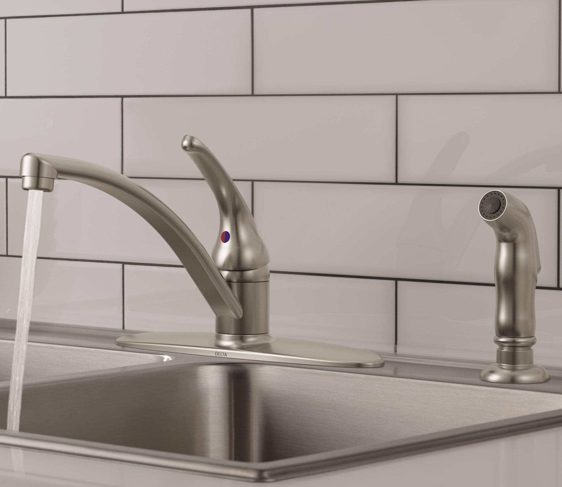 slide 1 of 6, Delta Foundations Stainless Steel Single Handle Deck-mount Kitchen Faucet (Includes Deck Plate) (Includes Side Sprayer), 1 ct