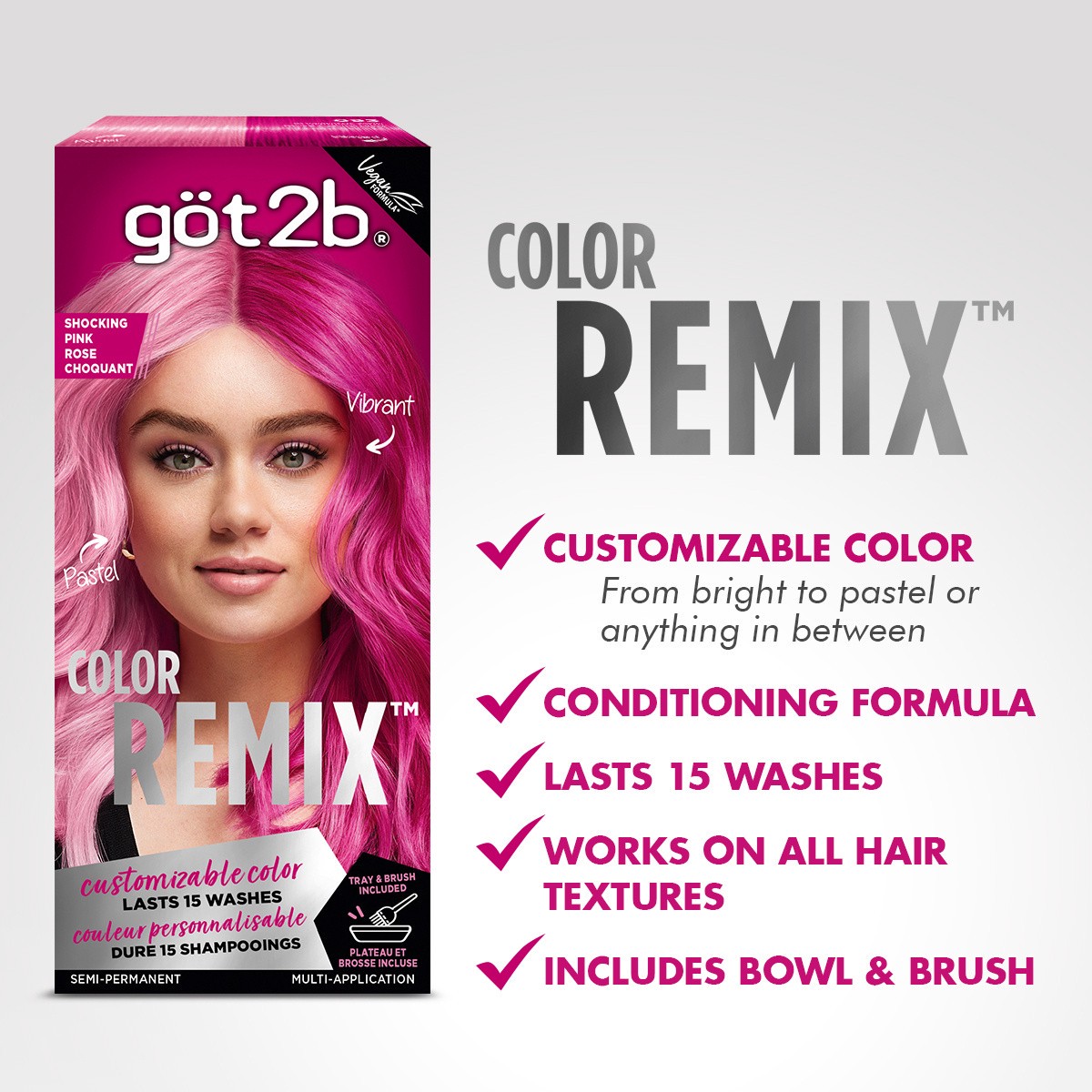 slide 4 of 5, göt2b Color Remix 093 Shocking Pink Semi-Permanent Multi-Application Hair Color 1 Each, 1 ct