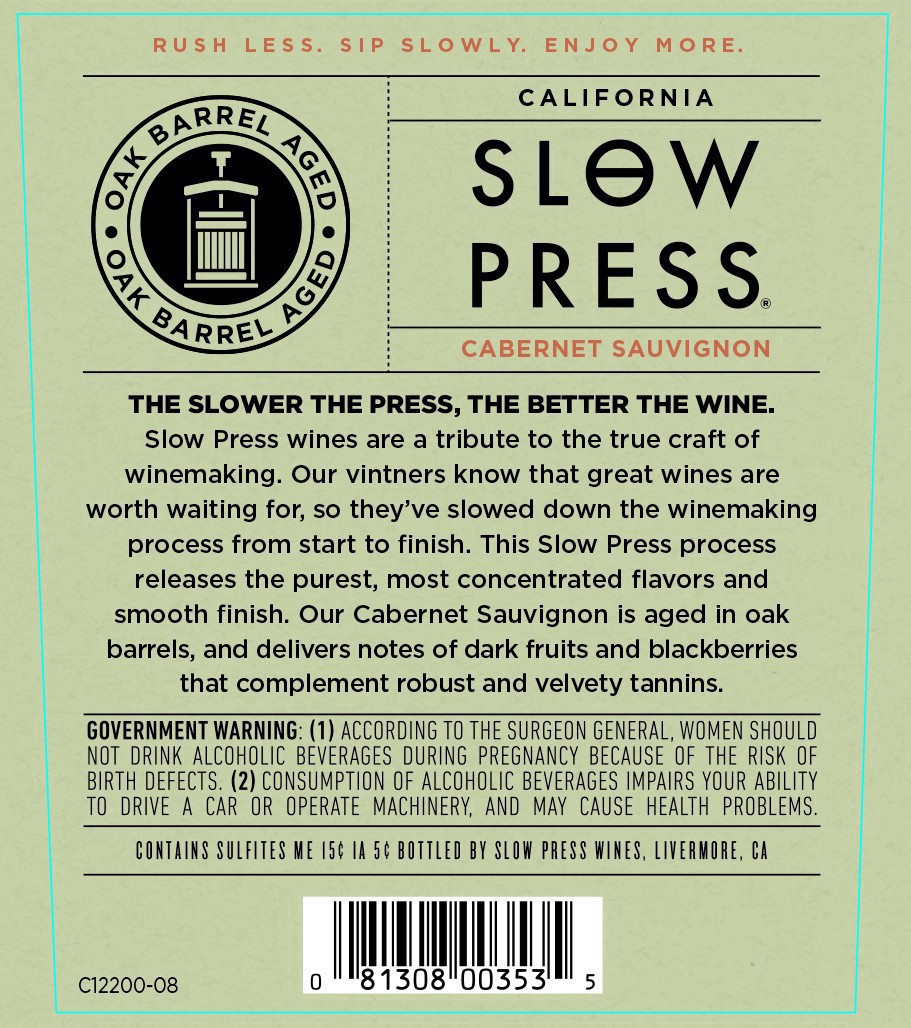 slide 12 of 14, Slow Press Cabernet Sauvignon Red Wine - 750ml, 2016 California, 750 ml