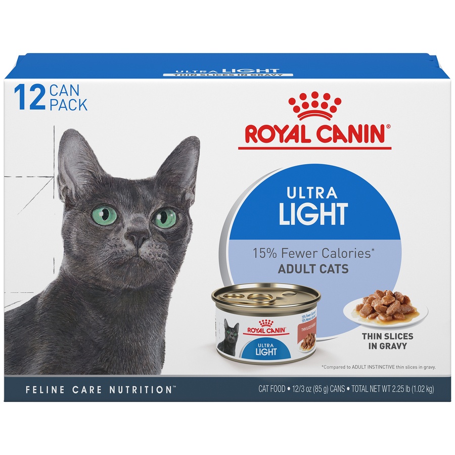 slide 1 of 9, Royal Canin Feline Care Nutrition Ultra Light Thin Slices In Gravy Canned Wet Cat Food, 3 oz
