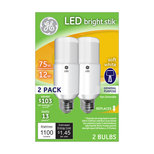 slide 1 of 1, GE Light Bulbs, Led, Bright Stik, Soft White, 12 Watts, 2 ct