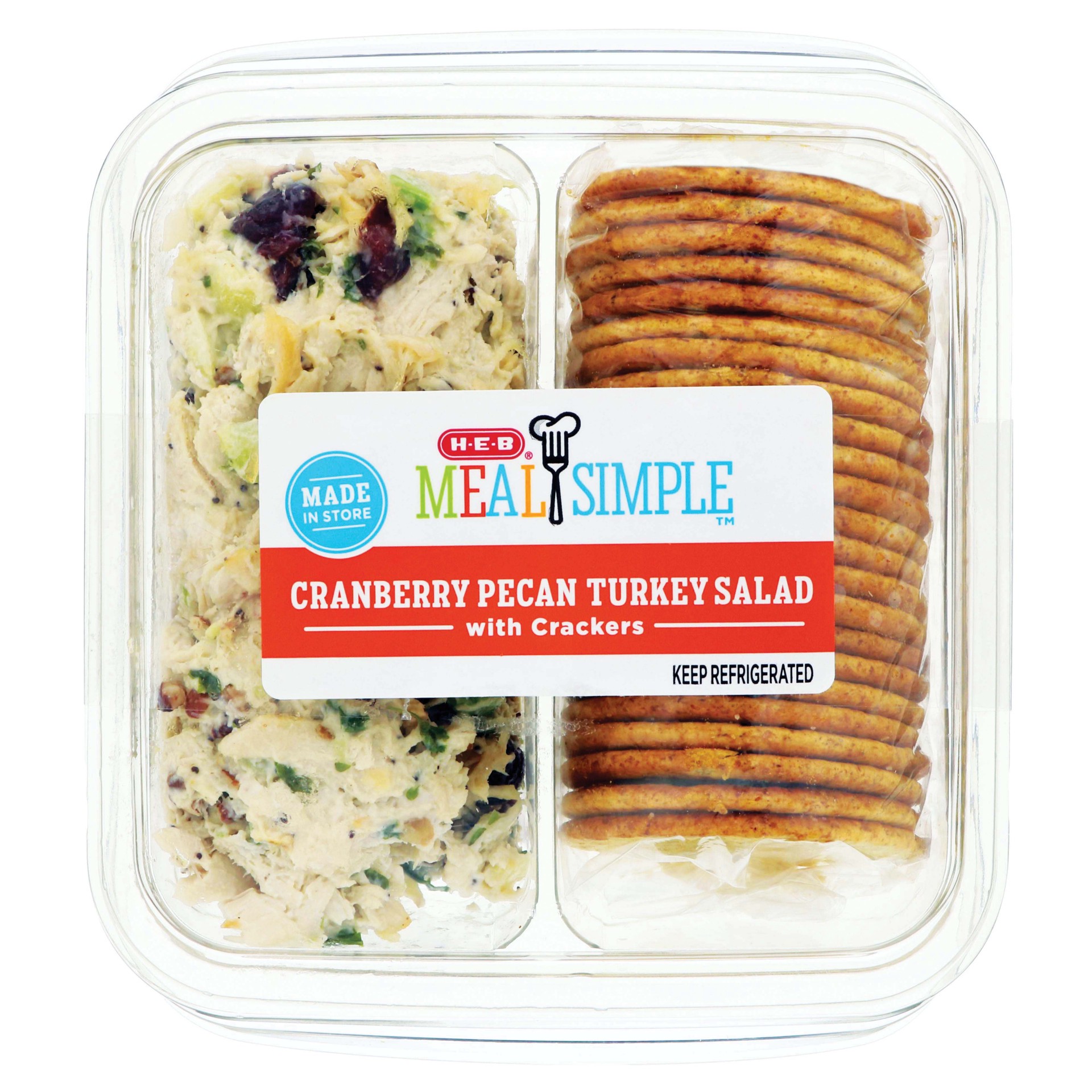 slide 1 of 1, Meal Simple by H-E-B Snack Tray - Cranberry Pecan Turkey Salad & Wheat Crackers, 16 oz