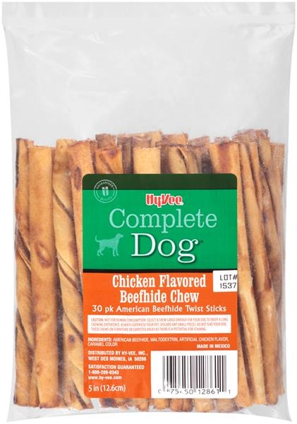 slide 1 of 1, Hy-Vee Complete Dog Chicken Flavored Beefhide Chew 5 Inch Twist Sticks, 30 ct