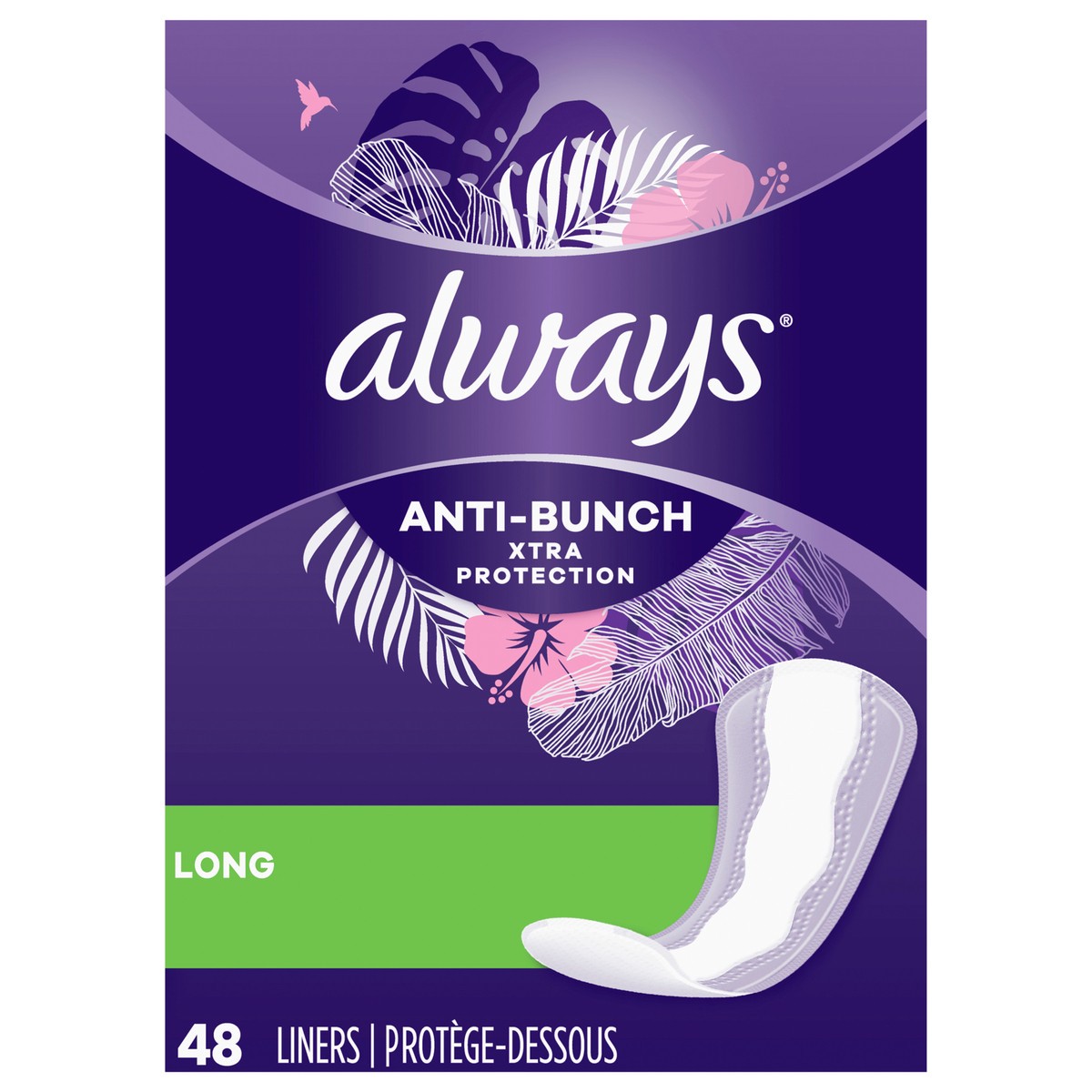 slide 1 of 5, Always Anti-Bunch Xtra Protection Daily Liners Long Unscented, Anti Bunch Helps You Feel Comfortable, 48 Count, 48 ct