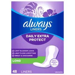 Always Daily Extra Protect Liners, Long Length, Unscented Panty Liners, 48 Count