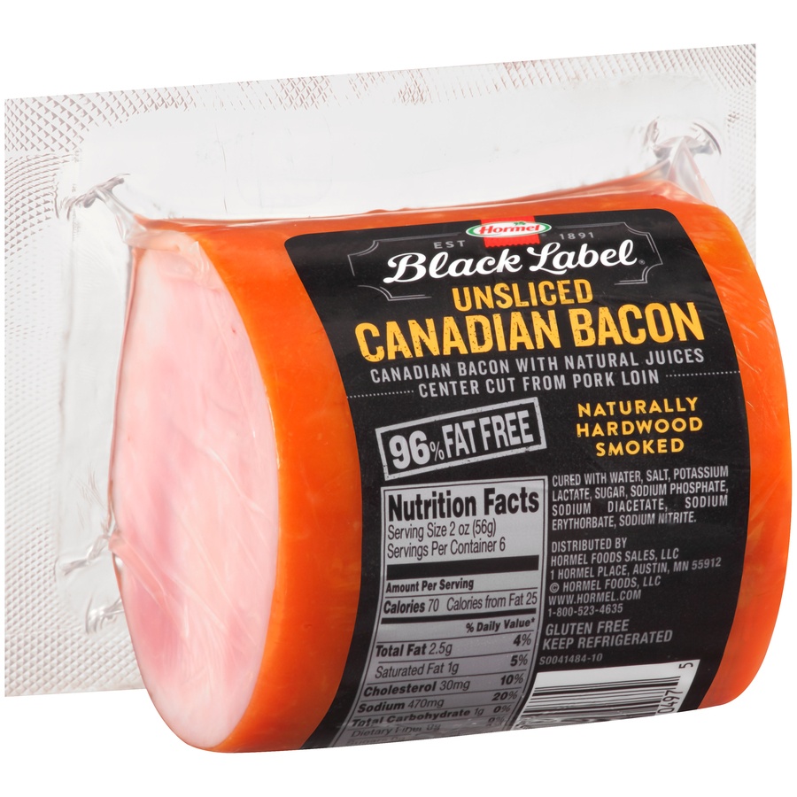 slide 5 of 8, Hormel Black Label 96% Fat Free Unsliced Canadian Bacon, 12 oz