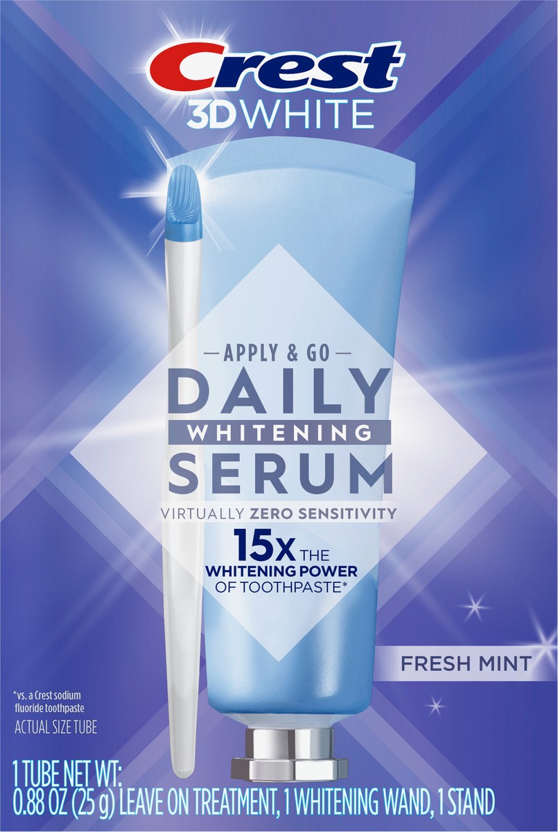 slide 3 of 7, Crest 3DWhite Daily Whitening Serum Fresh Mint, Leave-on Teeth Whitening Treatment, 0.88 oz