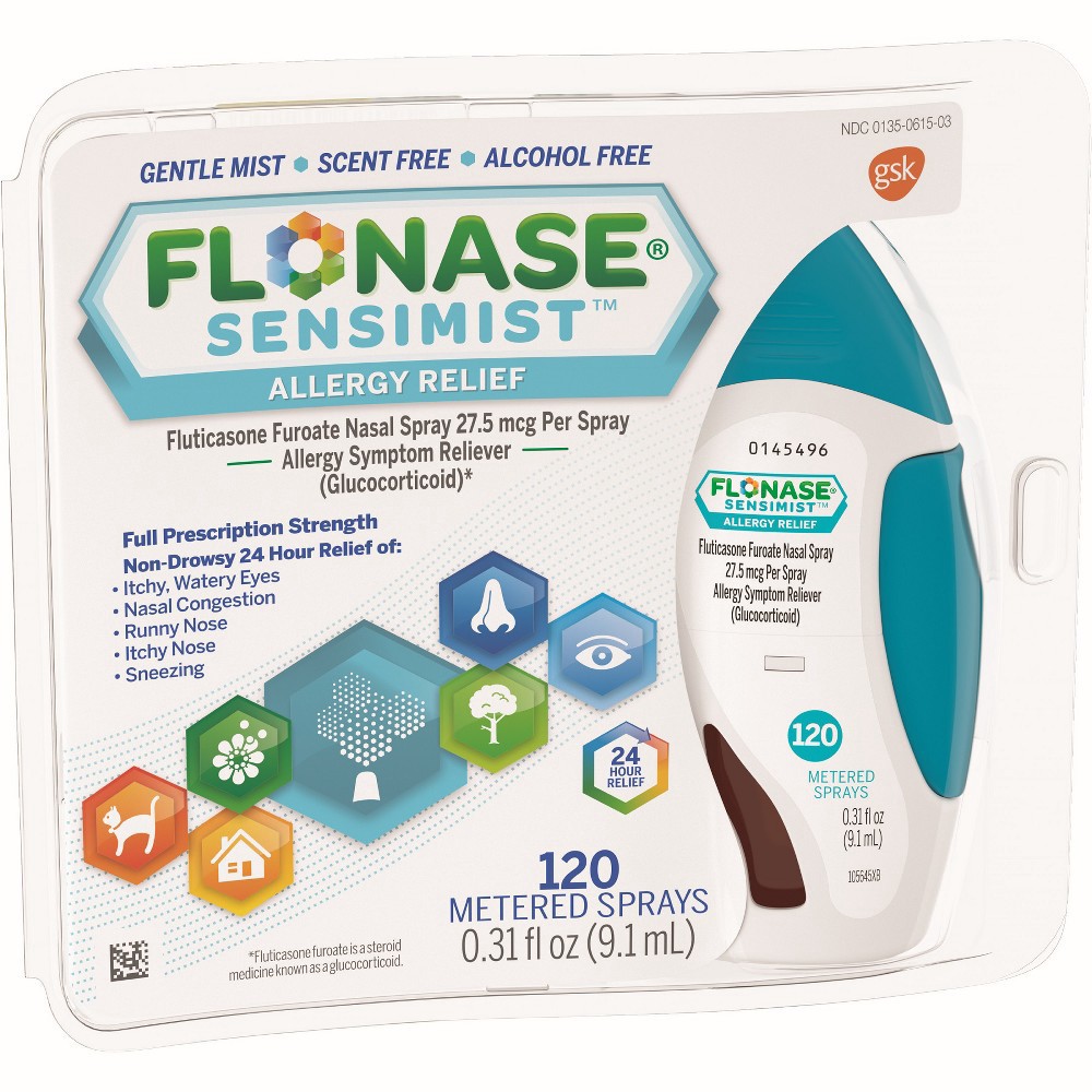 slide 3 of 6, Flonase Sensimist Allergy Relief Nasal Spray for Non-Drowsy, 24-Hour Multi-Symptom Allergy Relief – 120 Sprays, 0.31 fl oz