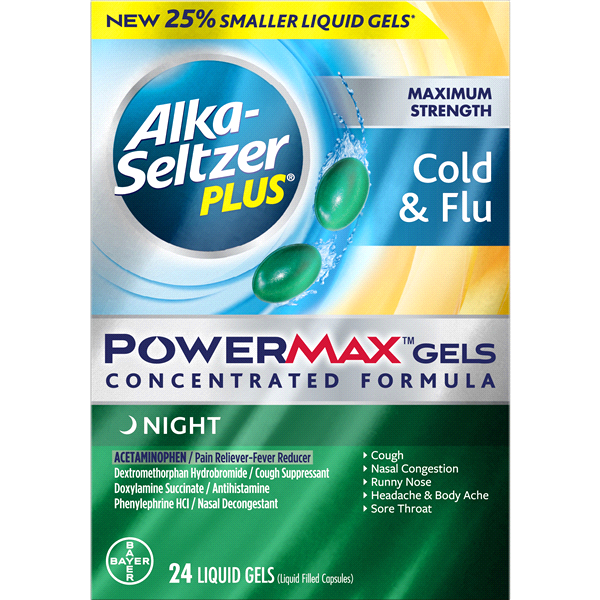 slide 1 of 3, Alka-Seltzer Plus Maximum Strength Cold & Flu Power Max Gels Night Liquid Gels, 24 ct