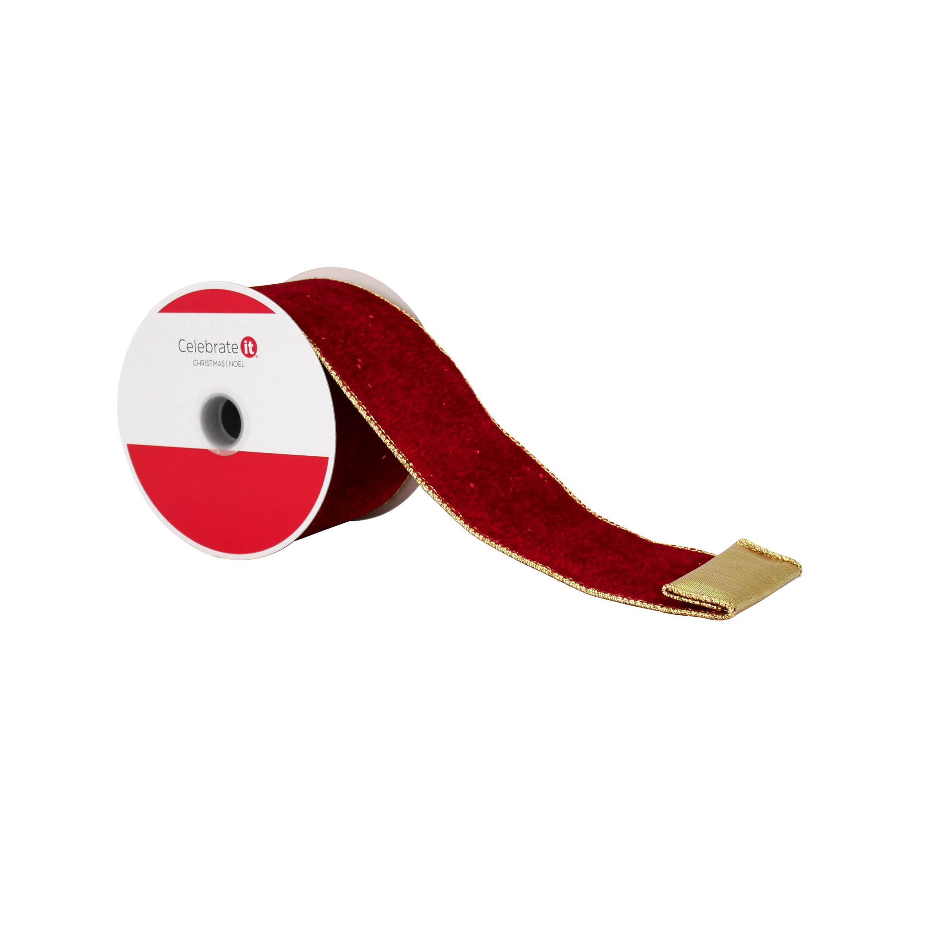 slide 2 of 3, 2.5" X 15ft. Red & Gold Wired Velvet Ribbon By Celebrate It, 2.5 in x 15 ft