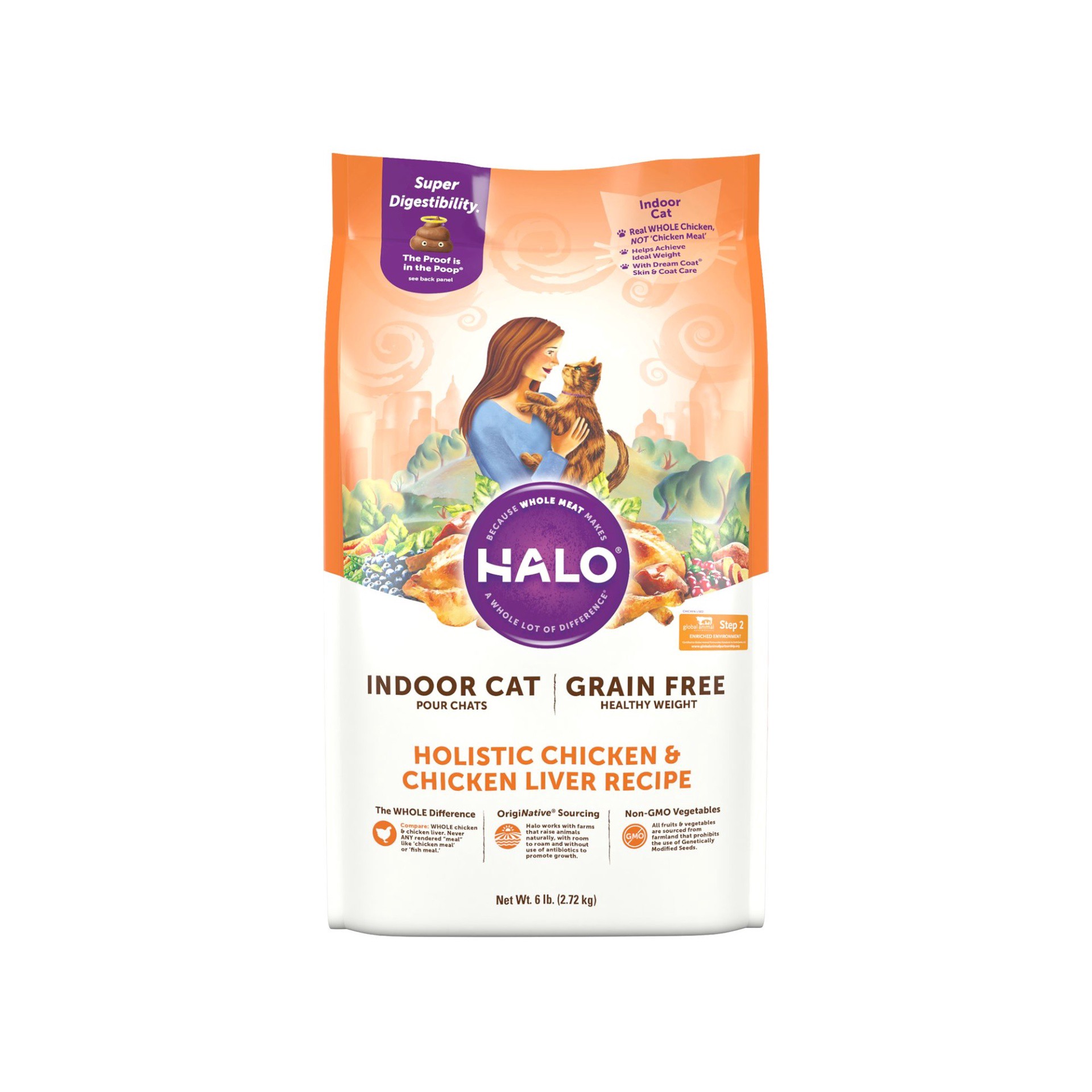 slide 1 of 1, Halo Grain Free Indoor Cat Healthy Weight Holistic Chicken & Chicken Liver Dry Cat Food, 6 lb