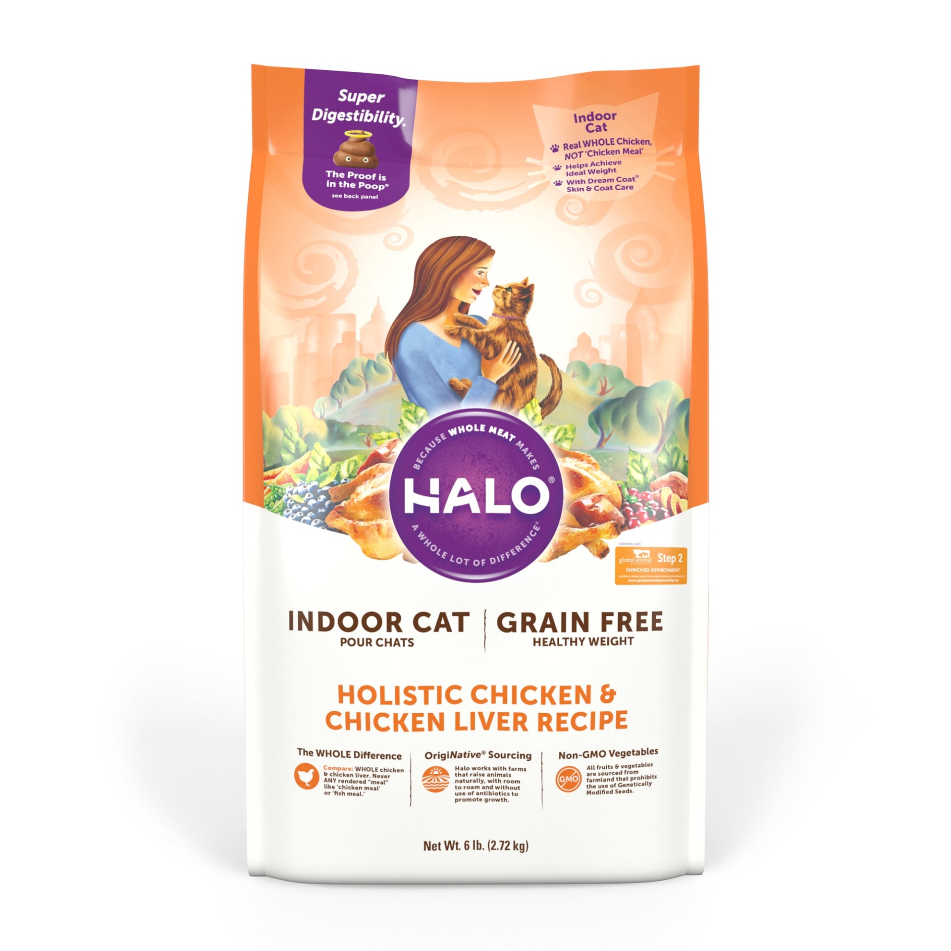 slide 1 of 1, Halo Grain Free Indoor Cat Healthy Weight Holistic Chicken & Chicken Liver Dry Cat Food, 6 lb