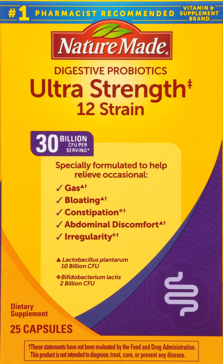 slide 4 of 9, Nature Made Ultra Strength 12 Strain Digestive Probiotics, Dietary Supplement for Digestive Health Support, 25 Probiotic Capsules, 25 Day Supply, 25 ct