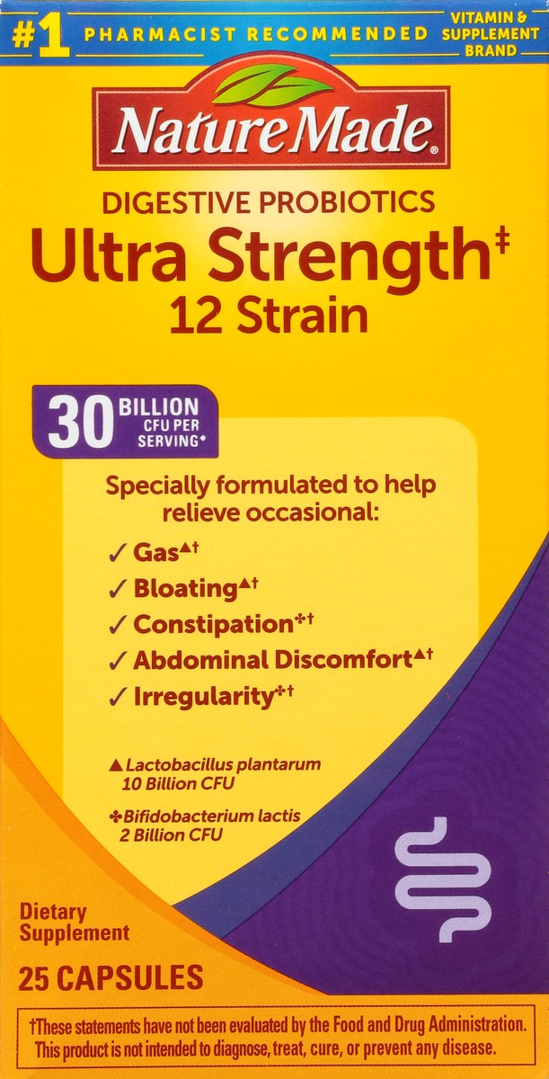 slide 9 of 9, Nature Made Ultra Strength 12 Strain Digestive Probiotics, Dietary Supplement for Digestive Health Support, 25 Probiotic Capsules, 25 Day Supply, 25 ct