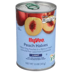 Hy-vee Light Yellow Cling Peach Halves In A Blend Of Peach Juice And Pear Juice From Concentrate