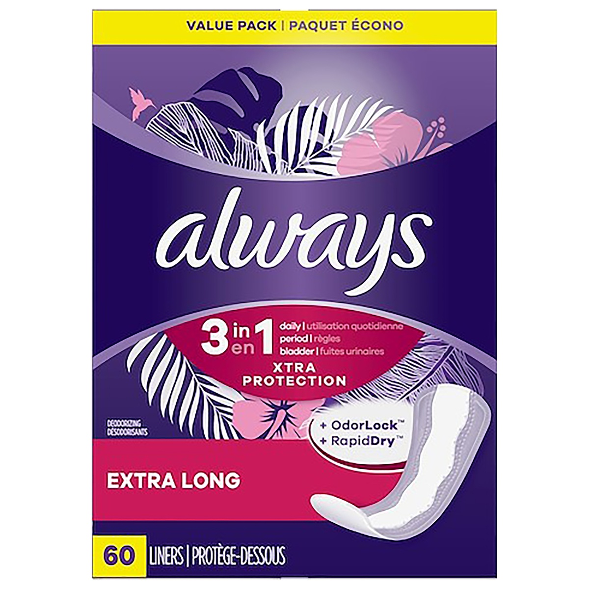 slide 1 of 6, Always Xtra Protection 3-In-1 Daily Panty Liners Extra Long 60 Ct, 60 ct