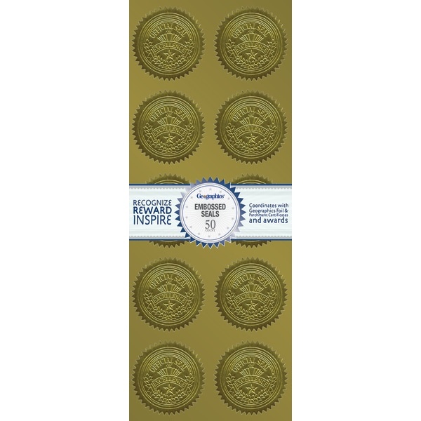 slide 1 of 1, Geographics Embossed Seals, Excellence, 2'' Diameter, Gold, Pack Of 50, 50 ct