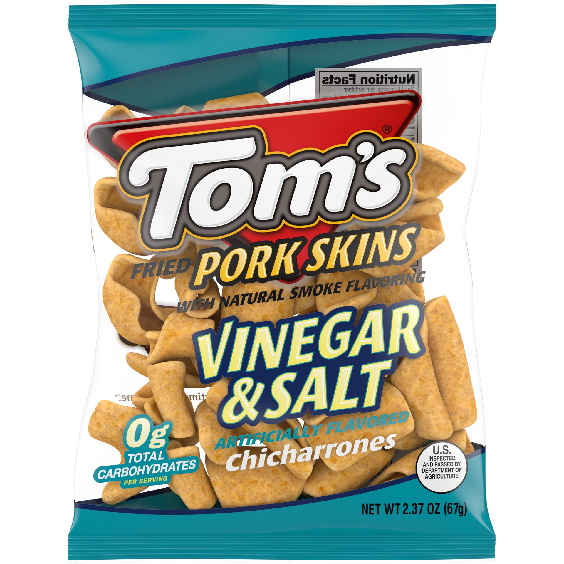 slide 1 of 5, Tom's Fried Pork Skins, Vinegar and Salt Chicharrones, 2.38 Oz Bag, 2.37 oz