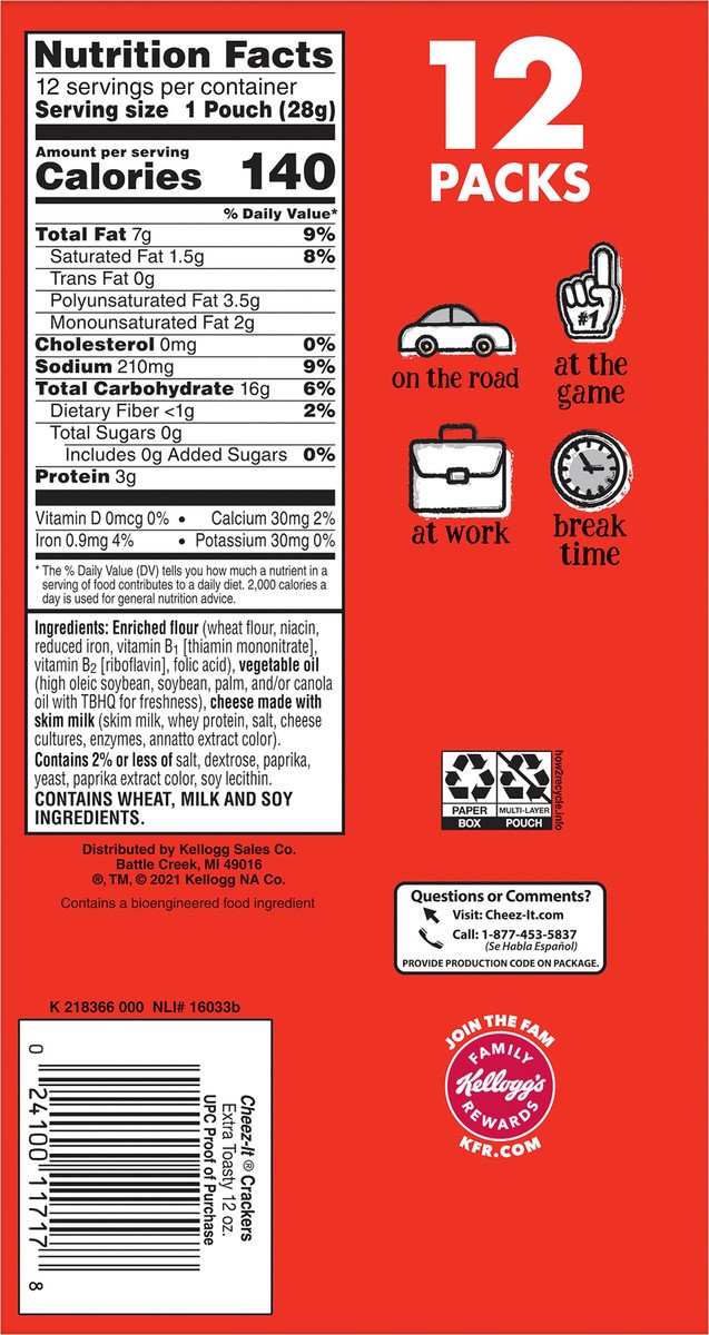 slide 6 of 8, Cheez-It Cheese Crackers, Baked Snack Crackers, Office and Kids Snacks, Extra Toasty, 12oz Box, 12 Packs, 12 oz