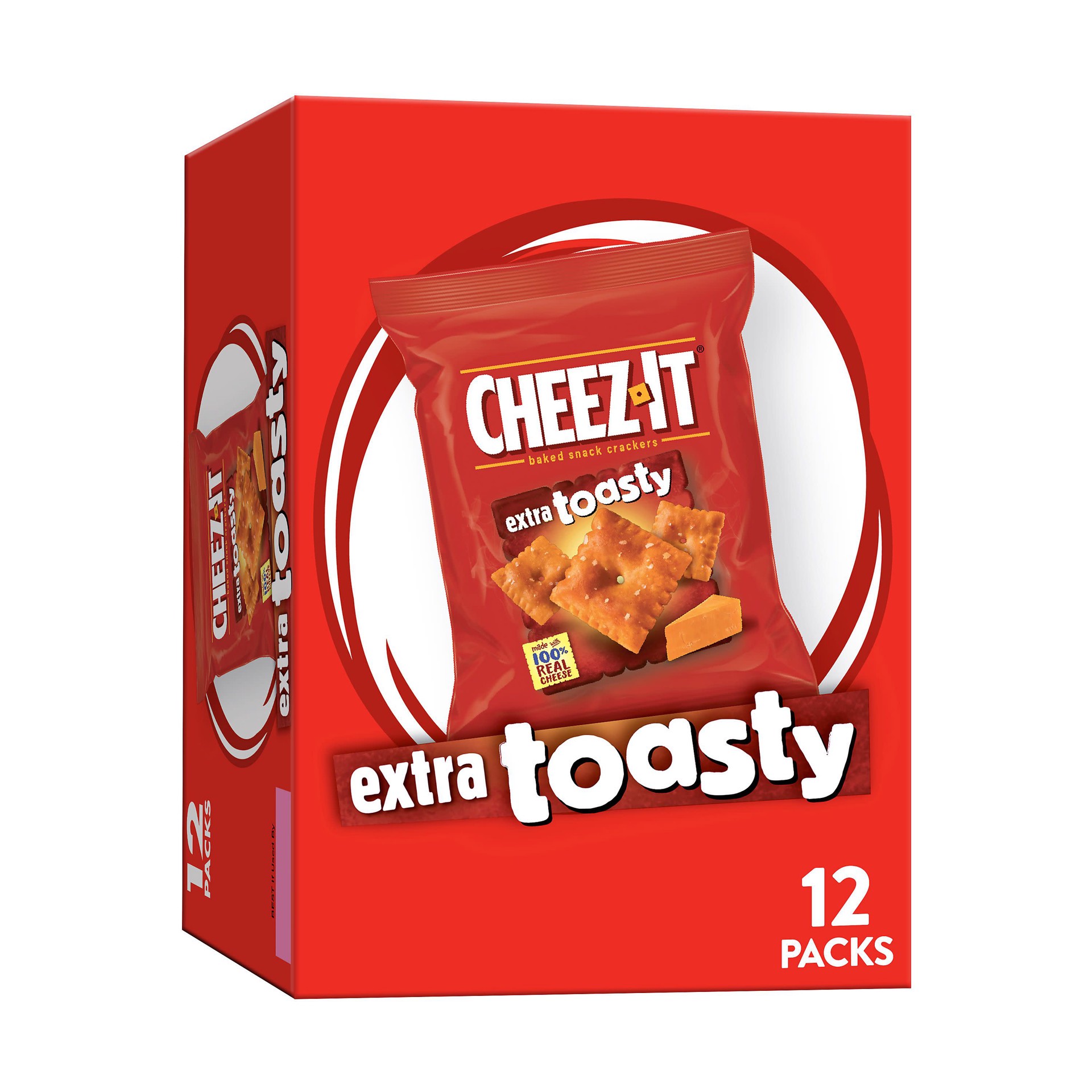 slide 1 of 8, Cheez-It Cheese Crackers, Baked Snack Crackers, Office and Kids Snacks, Extra Toasty, 12oz Box, 12 Packs, 12 oz