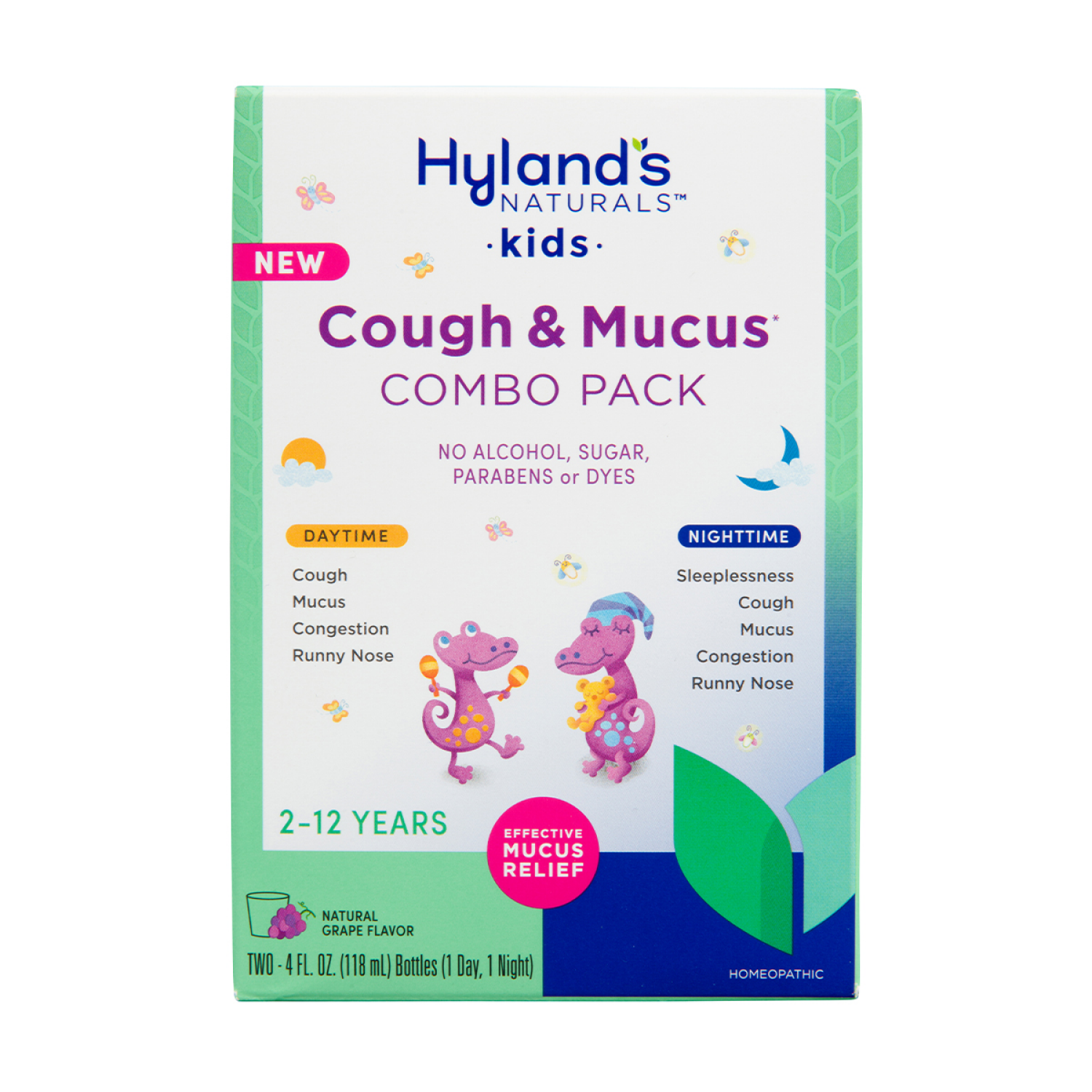 slide 1 of 4, Hyland's Naturals Kids Natural Grape Flavor Mucus + Cold Relief Combo Pack 2 - 4 fl oz Bottles, 2 ct