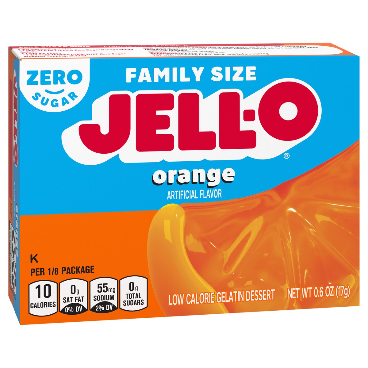 slide 3 of 9, Jell-O Orange Artificially Flavored Zero Sugar Low Calorie Gelatin Dessert Mix, Family Size, 0.6 oz Box, 0.6 oz