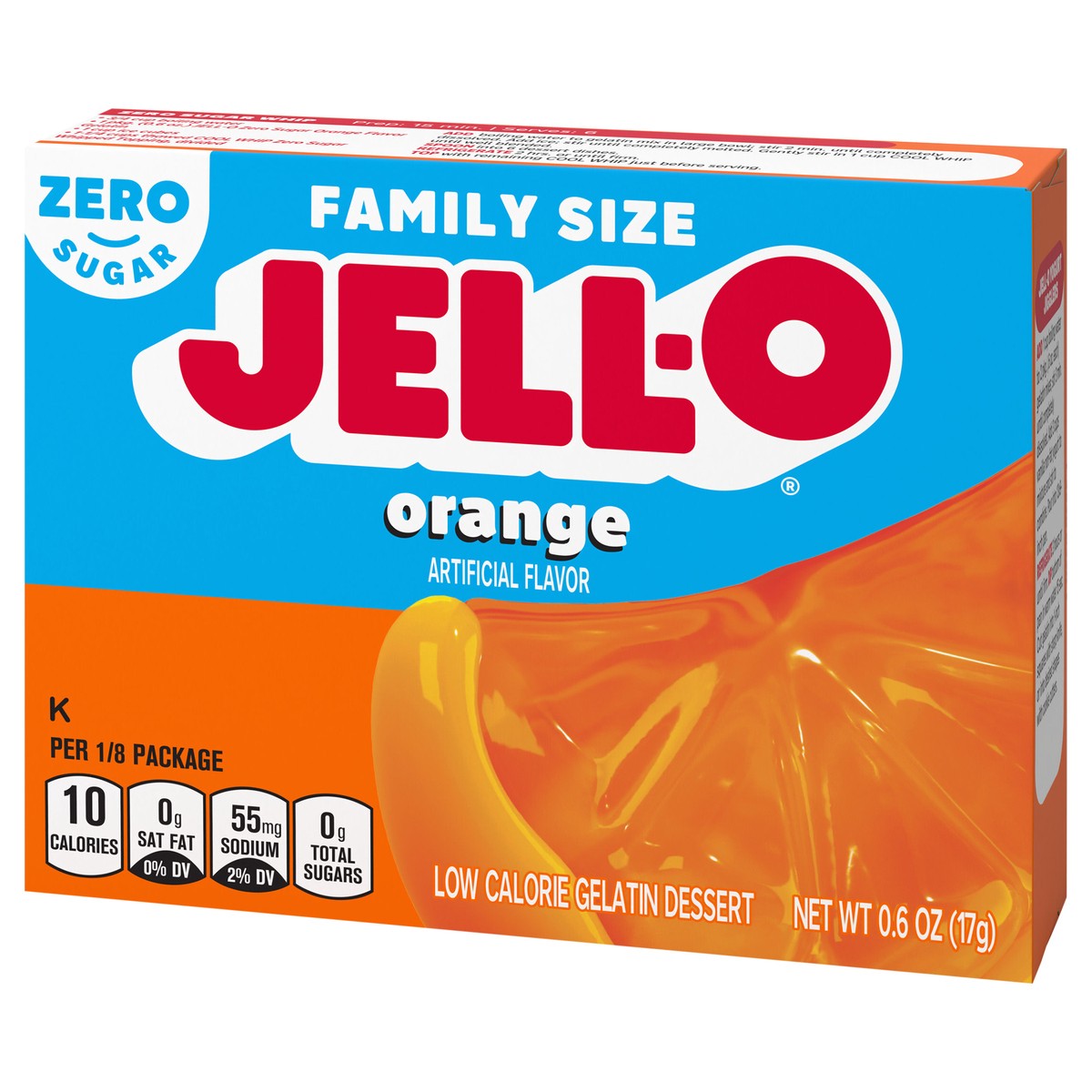 slide 9 of 9, Jell-O Orange Artificially Flavored Zero Sugar Low Calorie Gelatin Dessert Mix, Family Size, 0.6 oz Box, 0.6 oz