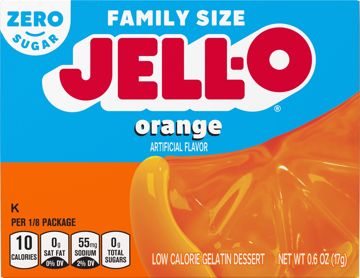 slide 7 of 9, Jell-O Orange Artificially Flavored Zero Sugar Low Calorie Gelatin Dessert Mix, Family Size, 0.6 oz Box, 0.6 oz