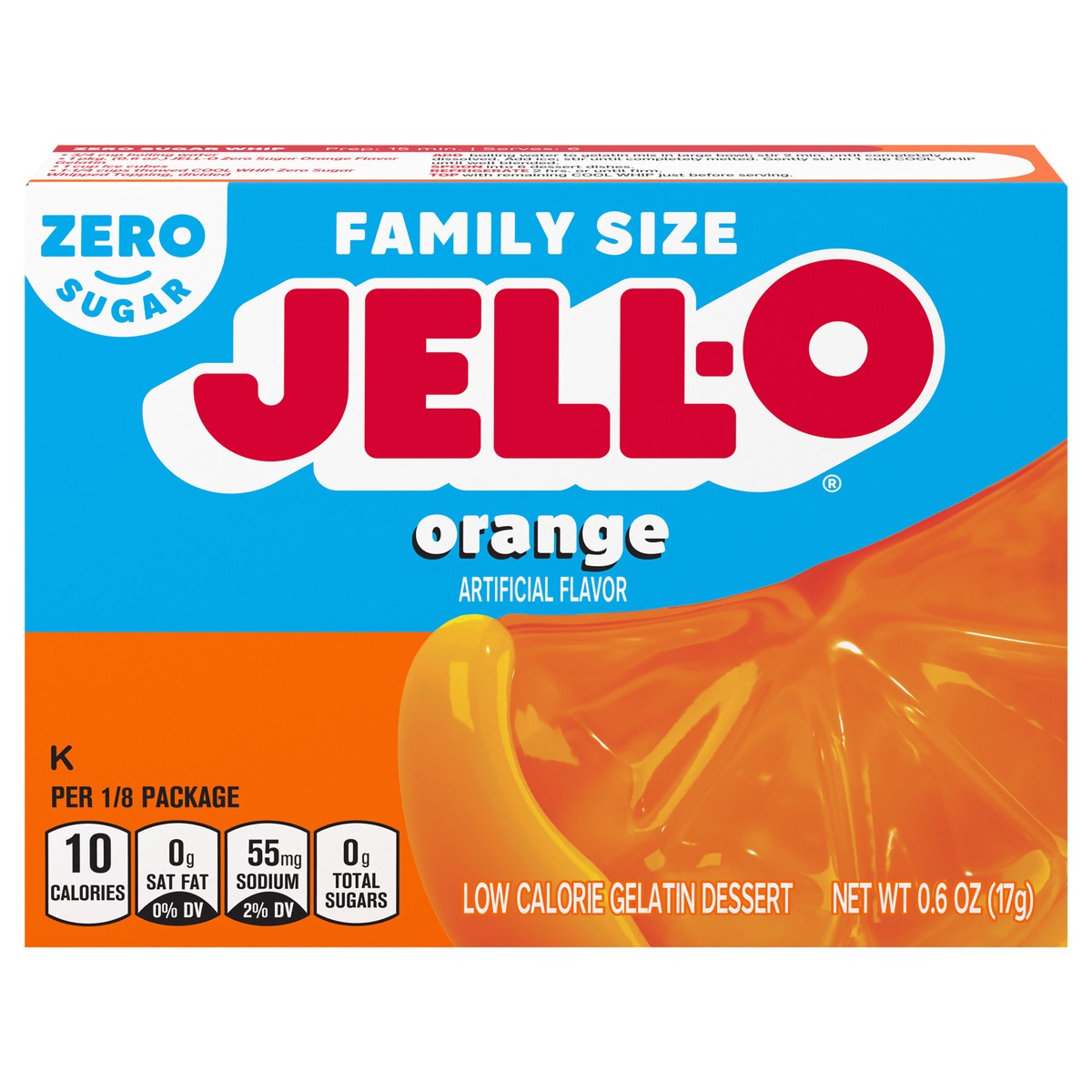 slide 1 of 9, Jell-O Orange Artificially Flavored Zero Sugar Low Calorie Gelatin Dessert Mix, Family Size, 0.6 oz Box, 0.6 oz