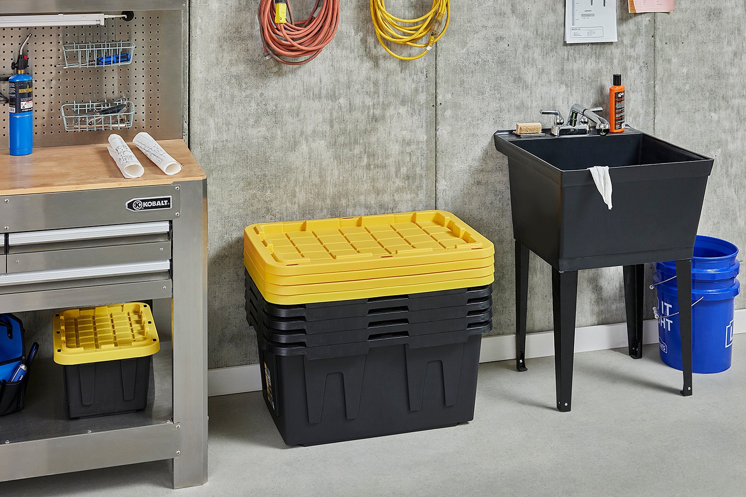 slide 4 of 6, Project Source Commander Large 27 -Gallons ( 108 -Quarts ) Black and Yellow Heavy Duty Stackable Tote with Standard Snap Lid, 1 ct