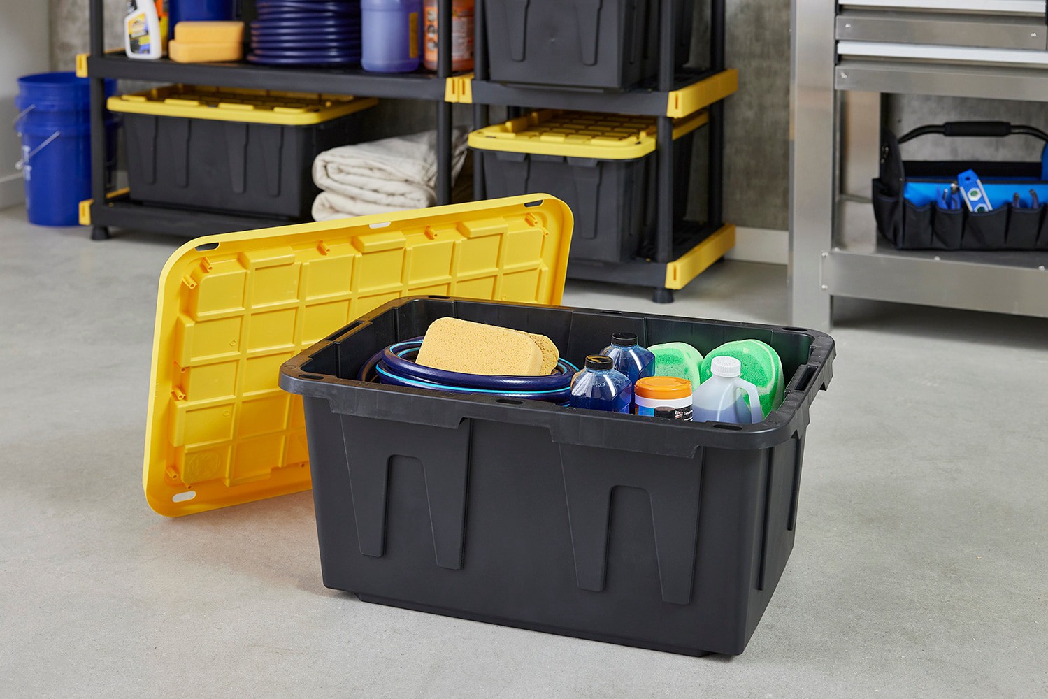 slide 2 of 6, Project Source Commander Large 27 -Gallons ( 108 -Quarts ) Black and Yellow Heavy Duty Stackable Tote with Standard Snap Lid, 1 ct