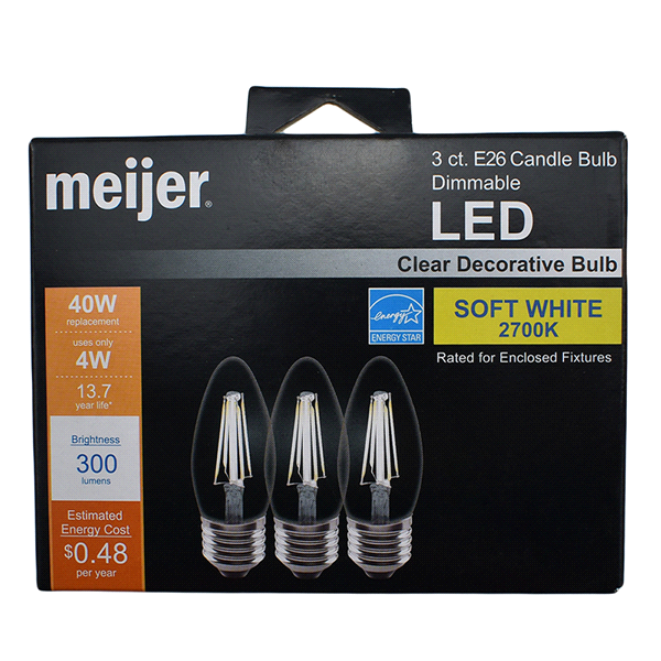 slide 1 of 1, 40W Equivalent B11 Dimmable Clear Glass Filament LED Light Bulb Soft White ), 3 ct