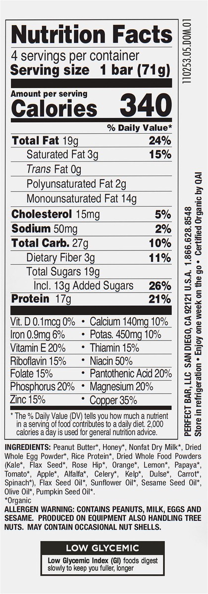 slide 3 of 9, Perfect Bar Gluten-Free Peanut Butter Refrigerated Protein Bar, Organic, 4 count, 2.5 oz, 4 ct