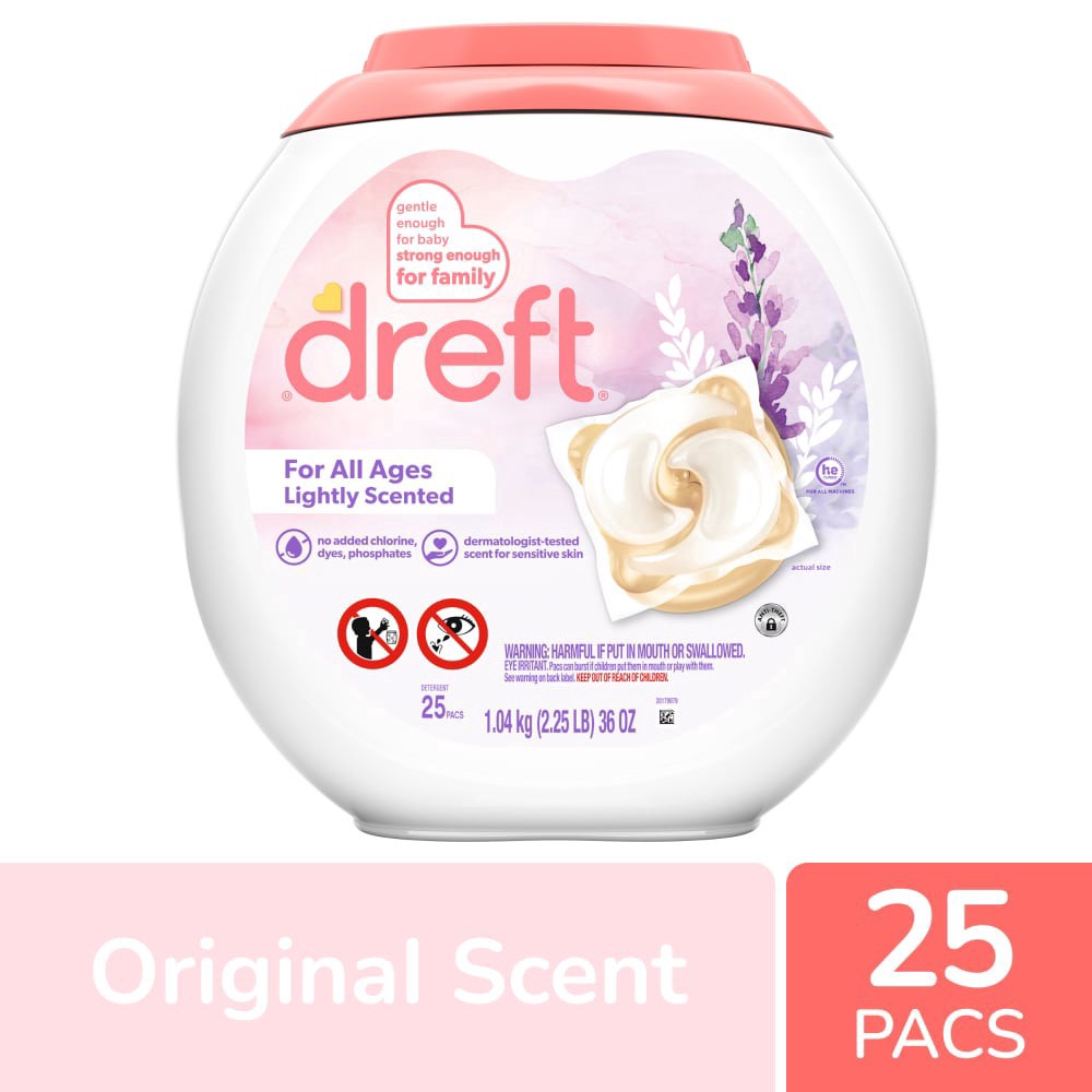 slide 6 of 6, Dreft Laundry Detergent Pacs, Lightly Scented, Lavender, For Baby and Family, XL Pacs, 25 Count, 25 ct