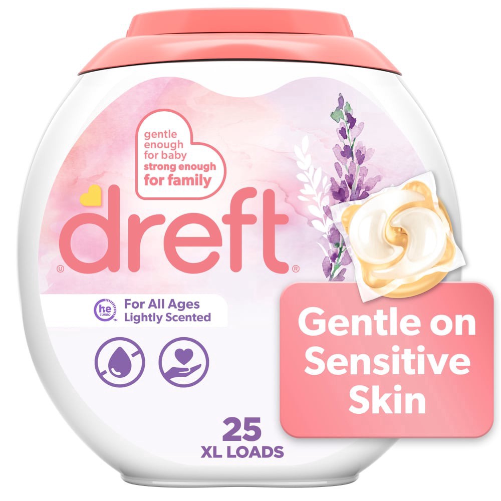 slide 1 of 6, Dreft Laundry Detergent Pacs, Lightly Scented, Lavender, For Baby and Family, XL Pacs, 25 Count, 25 ct