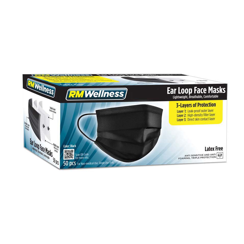 slide 1 of 1, RM Wellness Disposable Ear Loop Face Masks - Black, 50 ct