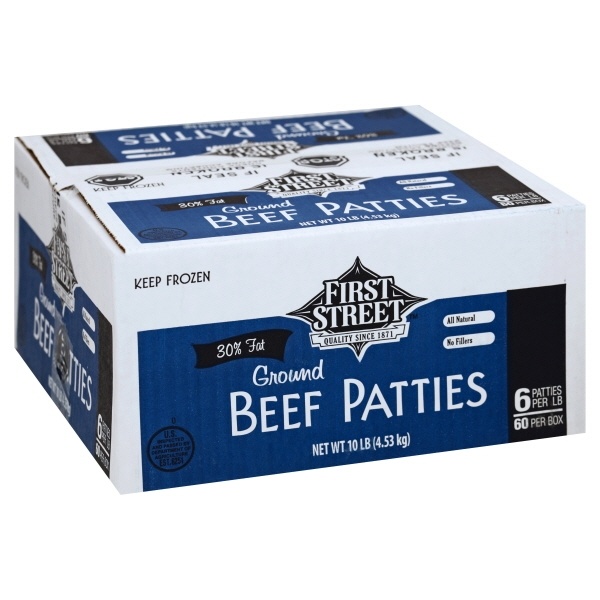 slide 1 of 1, First Street Ground Beef Patties Blue Box 70% Lean, 60 ct; 10 lb