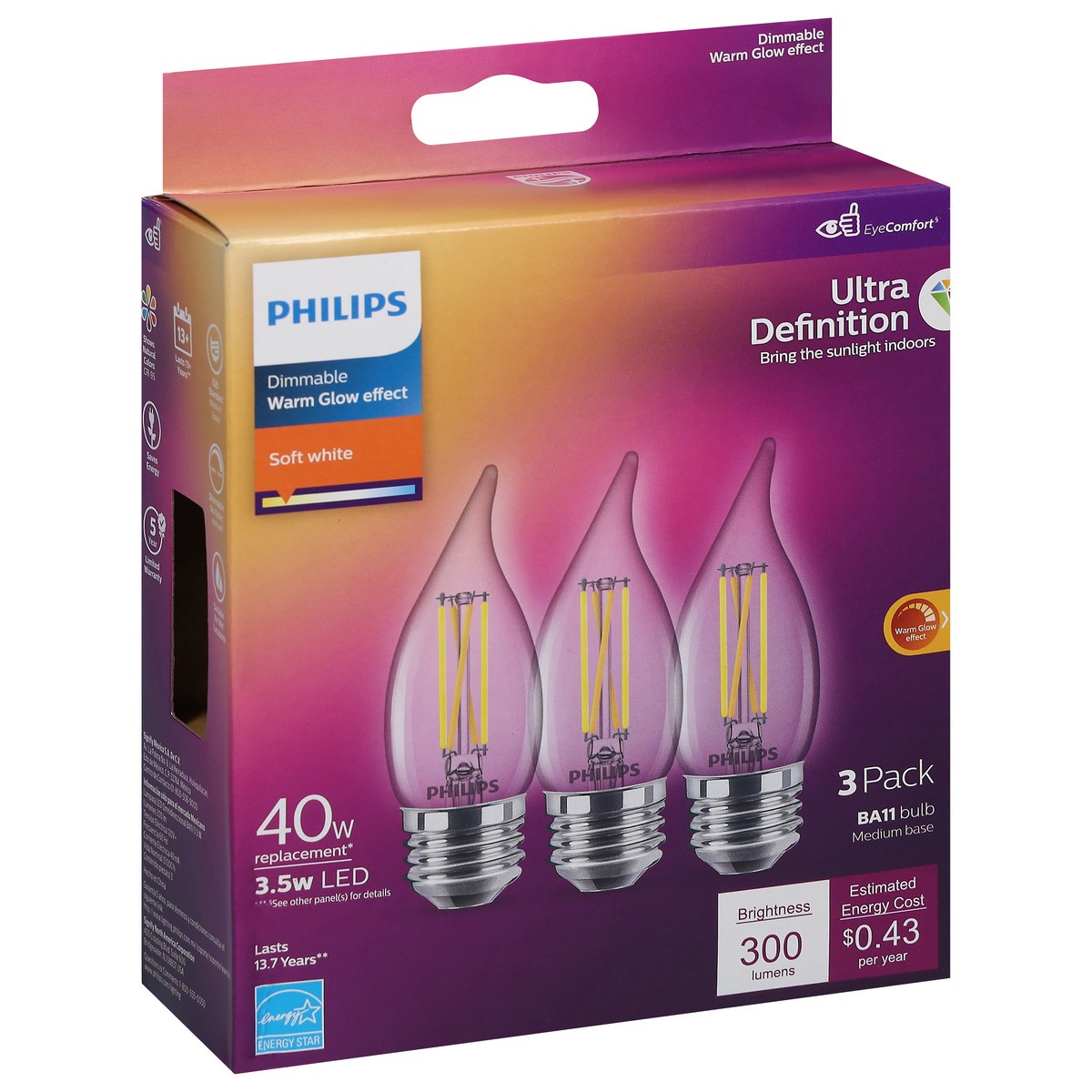slide 5 of 9, Philips 3.5 Watts Ultra Definition Soft White Warm Glow Effect LED Light Bulbs 3 ea, 3 ct