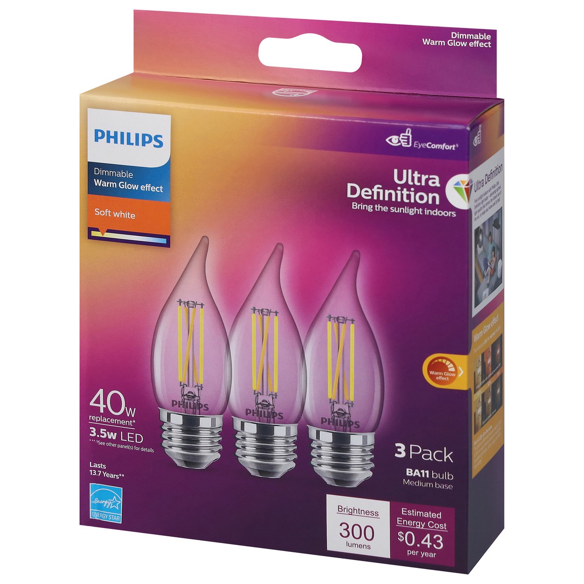 slide 6 of 9, Philips 3.5 Watts Ultra Definition Soft White Warm Glow Effect LED Light Bulbs 3 ea, 3 ct