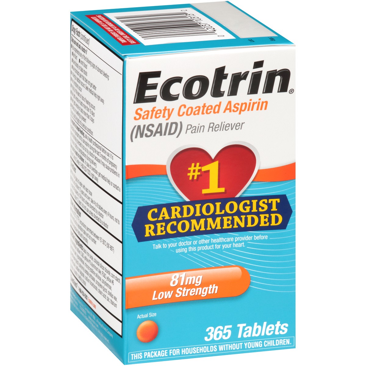 slide 8 of 10, Ecotrin Low Strength Safety Coated Aspirin, NSAID, 81mg, 365 Tablets, 365 pk