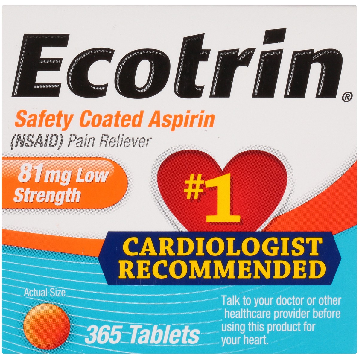 slide 9 of 10, Ecotrin Low Strength Safety Coated Aspirin, NSAID, 81mg, 365 Tablets, 365 pk