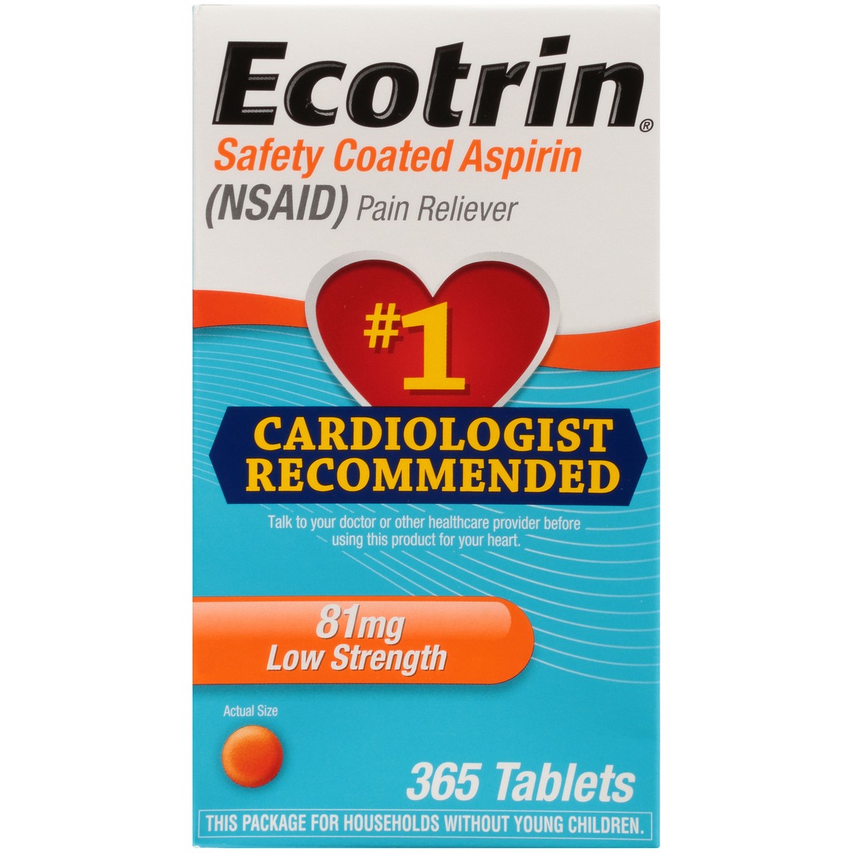 slide 10 of 10, Ecotrin Low Strength Safety Coated Aspirin, NSAID, 81mg, 365 Tablets, 365 pk