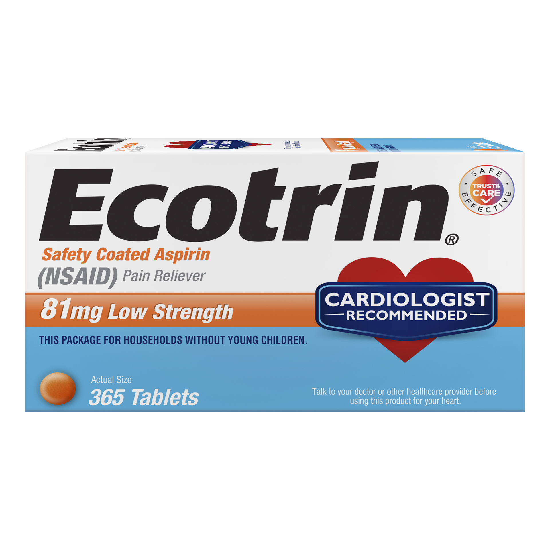 slide 1 of 10, Ecotrin Low Strength Safety Coated Aspirin, NSAID, 81mg, 365 Tablets, 365 pk