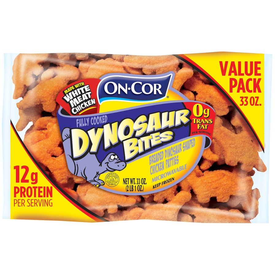 slide 1 of 3, On-Cor Dynosaur Bites Breaded Dinosaur Shaped Chicken Patties, 33 oz