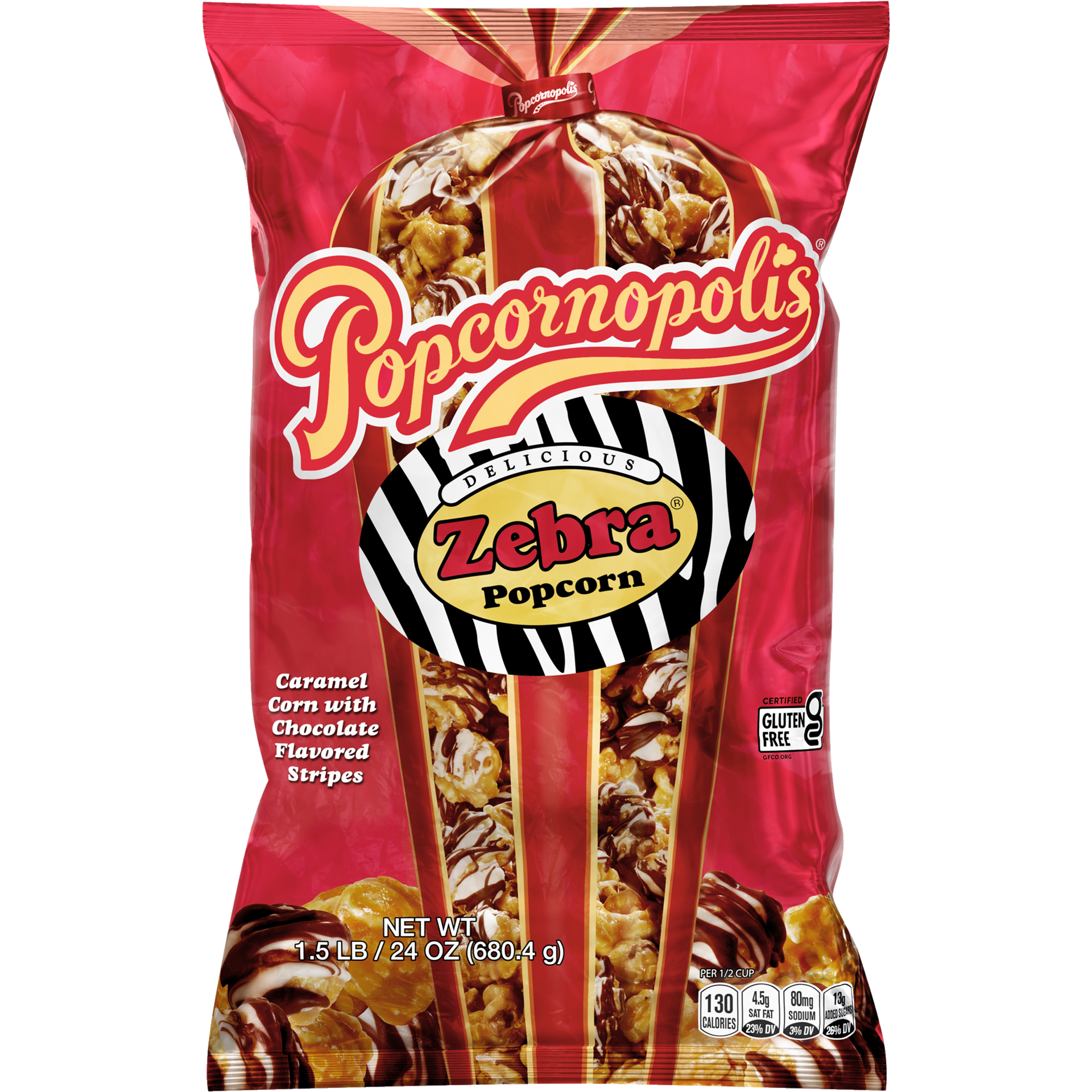 slide 1 of 6, Popcornopolis Zebra Popcorn 24 oz Bag, Caramel with Chocolatey Stripes Flavored Indulgent Popcorn, 24 oz