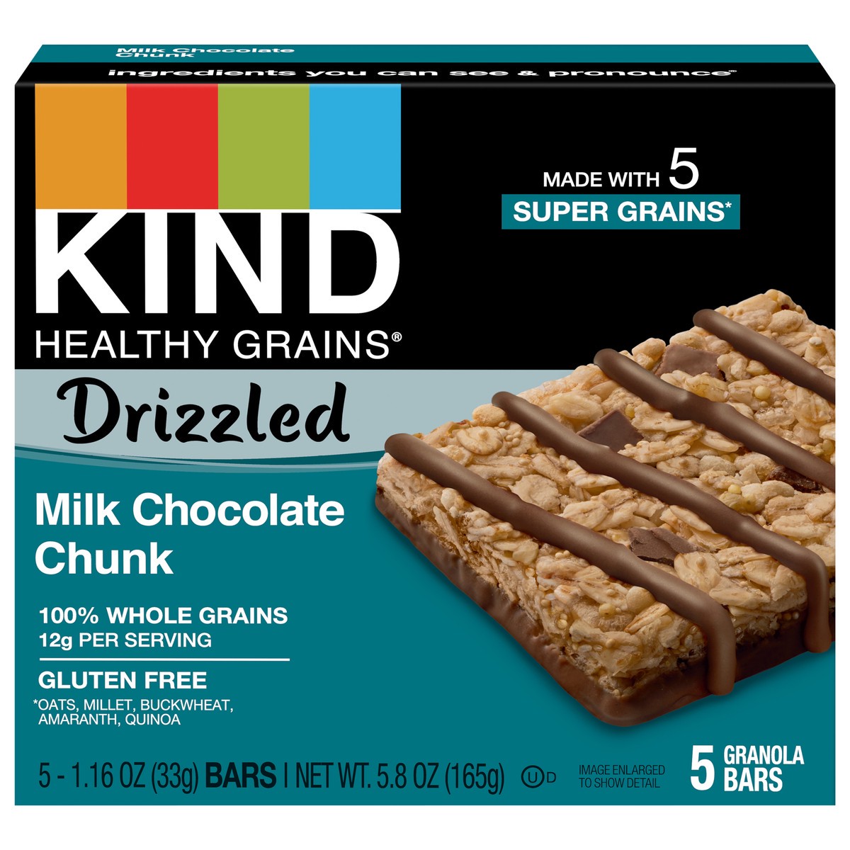 slide 1 of 9, KIND HEALTHY GRAINS Drizzled Milk Chocolate Chunk Bars, 12g Whole Grains, Gluten Free Bars, 1.16 OZ Bars (5 Count), 1 ct